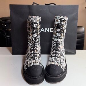 CHANEL Women's Multicolor Tweed Lace-Up Boots